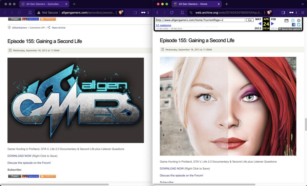 A side-by-side comparison of the Episode 155 thumbnail. The left shows the current broken image, while the right shows the original working thumbnail from the Wayback machine.