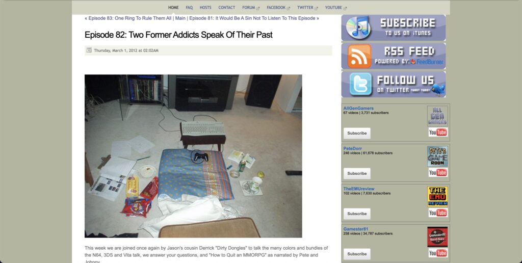 A computer screenshot of how the released version of Episode 82 looked. It features a picture of Johnny's Final Fantasy XI setup in his gaming room. A pillow, console, controller, snacks, and books on the floor.